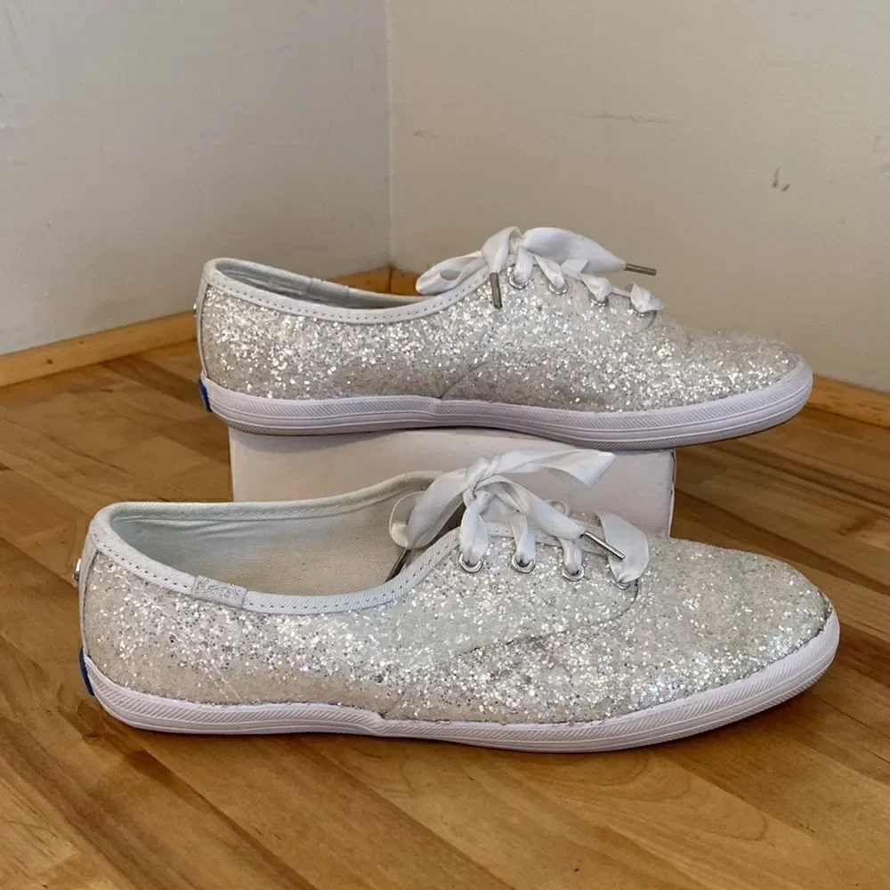 Kate Spade x Keds White Sparkle Glitter Lace Up Bridal Sneakers Size 6